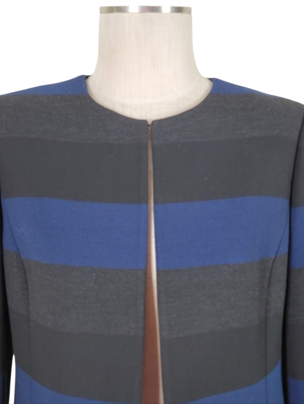 Tahari ASL Blazer Size 10P Blue Gray Black Wide Stripes Open Front Top Hook Eye - Picture 3 of 11